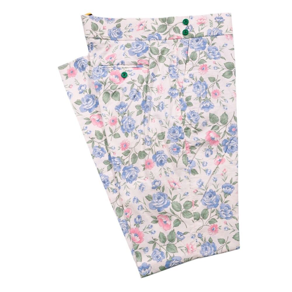 Mens Gurkha Pants 36 White Blue Floral Cotton Flat Front Slim Fit Dress Trousers